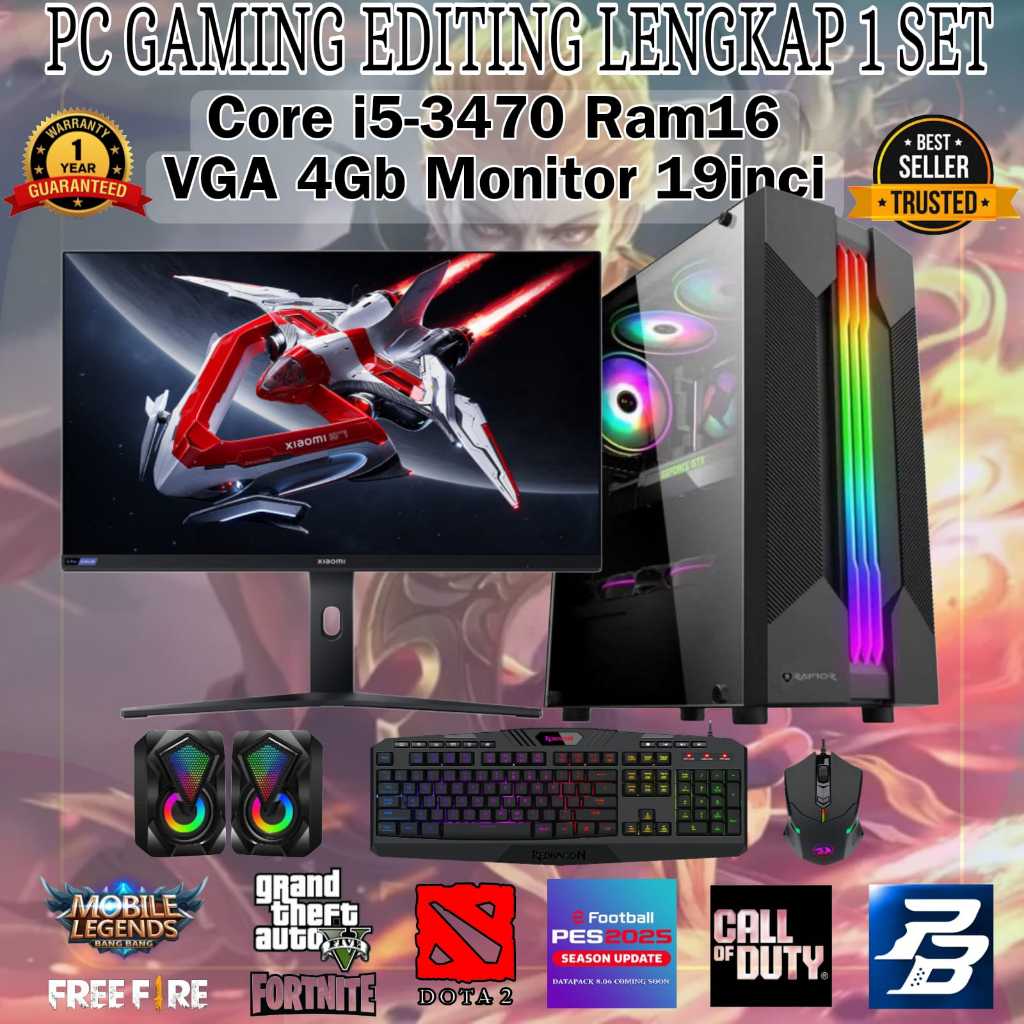 PC GAMING EDITING CORE I5-3470 RAM 16GB VGA 4GB MONITOR 19INCI LENGKAP 1SET SIAP PAKAI