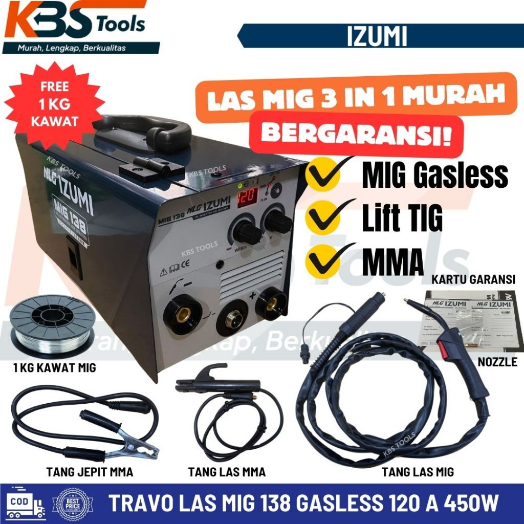 NEW  Mesin Travo Las NLG IZUMI MIG 138 450w Trafo Las MIG Tanpa Gas Flux Core Inverter Mig