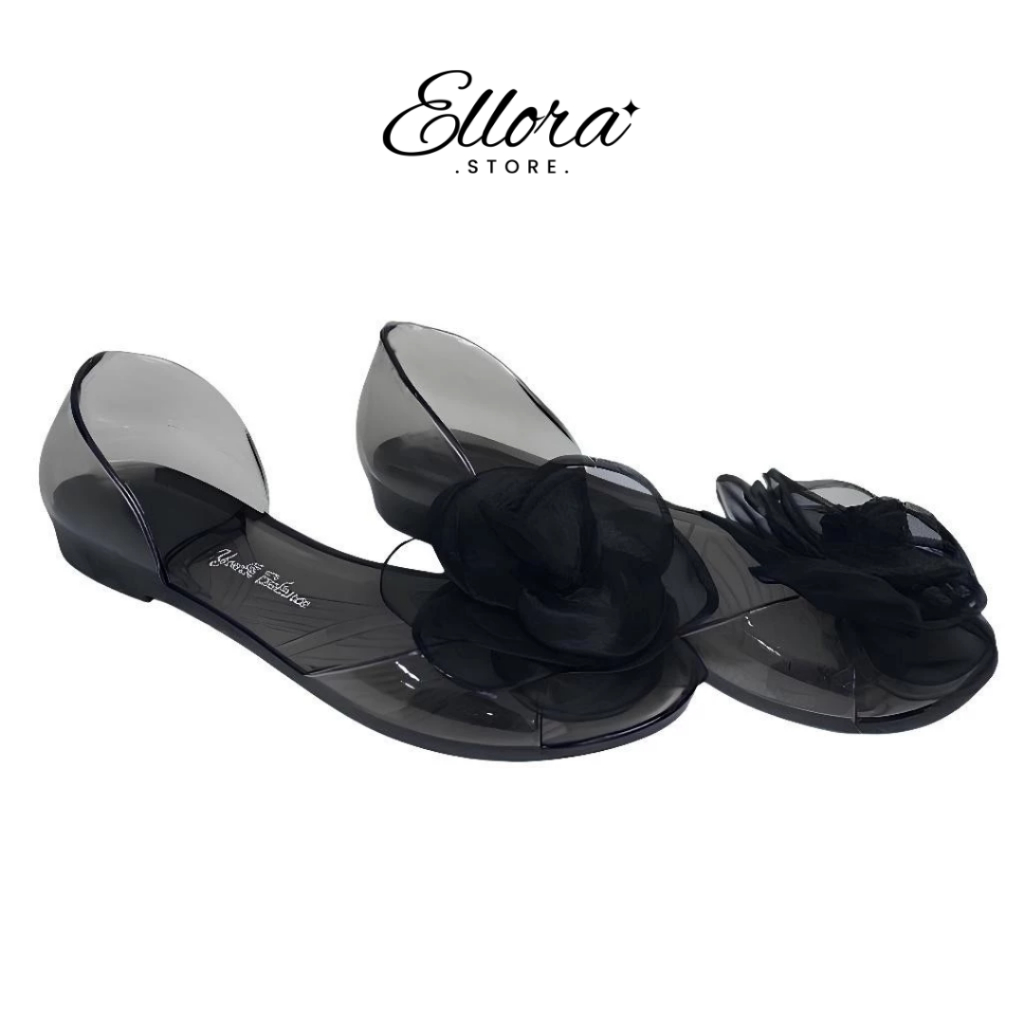 Sepatu Flat Jelly Kaca Flower Bunga Mawar Best Seller Sandal Karet Cantik 186-A