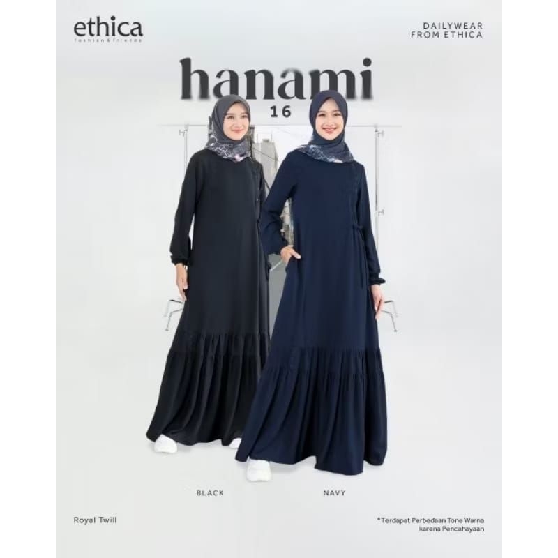 Gamis Polos Original Hanami 16 Navy Ethica Resleting Bahan Royal Twill Resleting Samping Kancing Mat