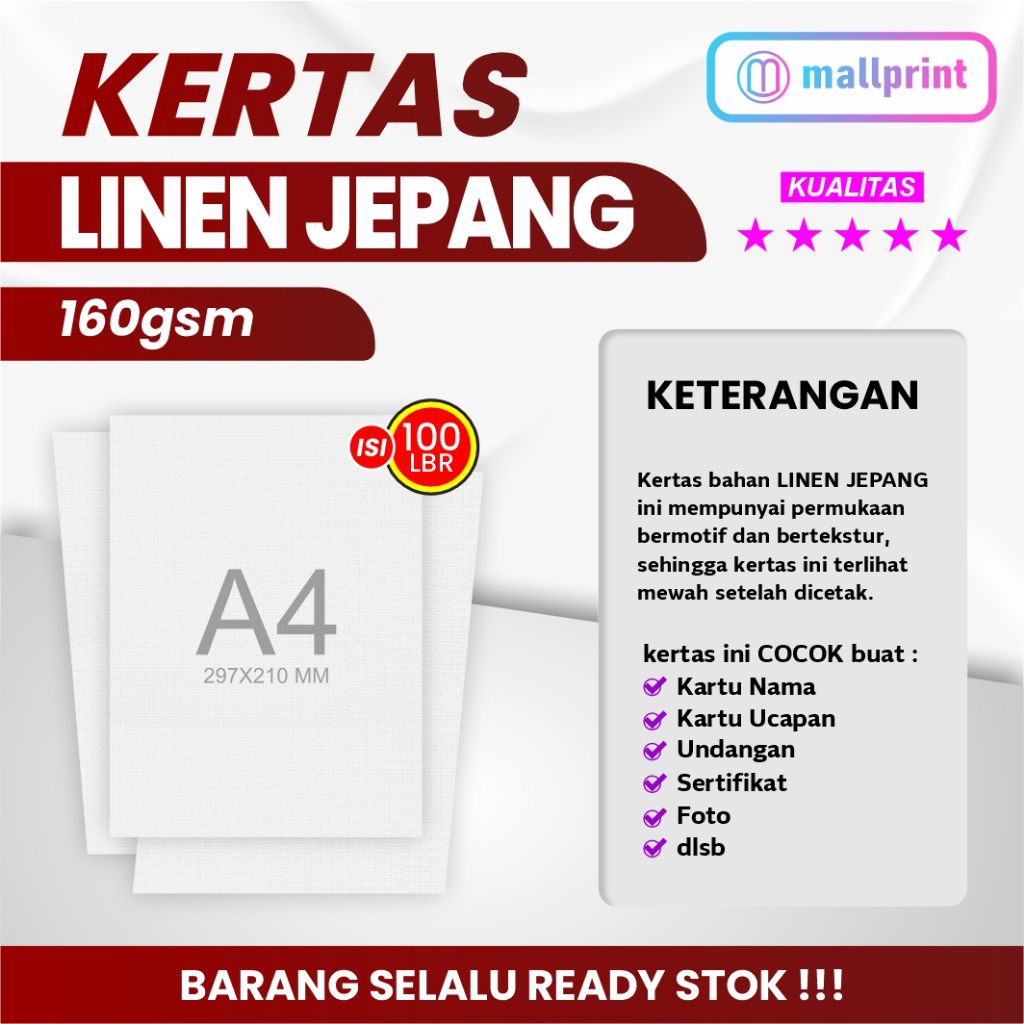 

Kertas Linen Jepang 160gsm uk. A4 cocok unt. Sertifikat Gift Card dll (1 pak isi 100 lembar)