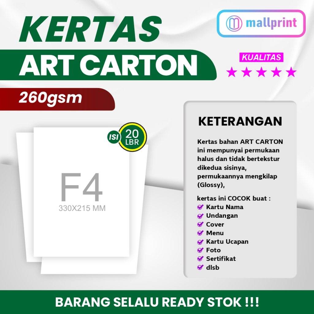 

Kertas Art Carton 260 gsm uk. F4 (1 pak isi 20 lbr)