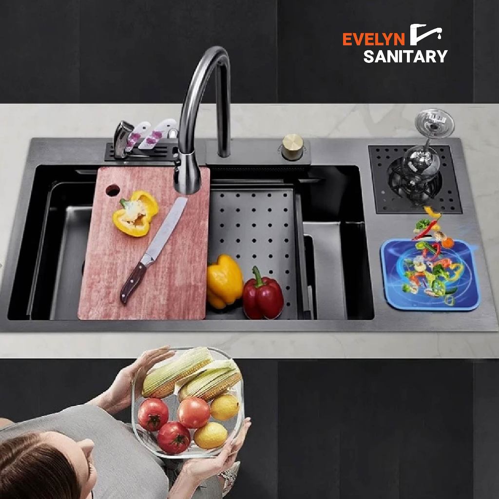 Evelyn Sanitary - Sink Dapur Stainless Steel 304 Paket Kran Pantry  Bak Cuci Piring 1 Lubang dan 2 L