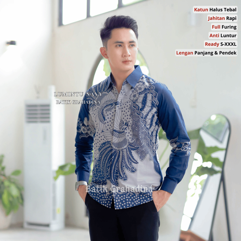 Lumintu Navy Slimfit Kemeja batik Pria Lengan Panjang Full body furing solo Kemeja Batik Premium Ana