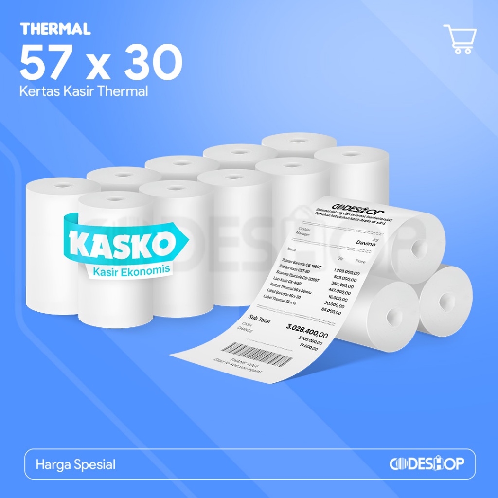 

Kertas Thermal 57 x 30 mm Kasko Kasir Ekonomis Termal 57x30mm Paper Roll Coreless Printer Bluetooth 58mm Codeshop