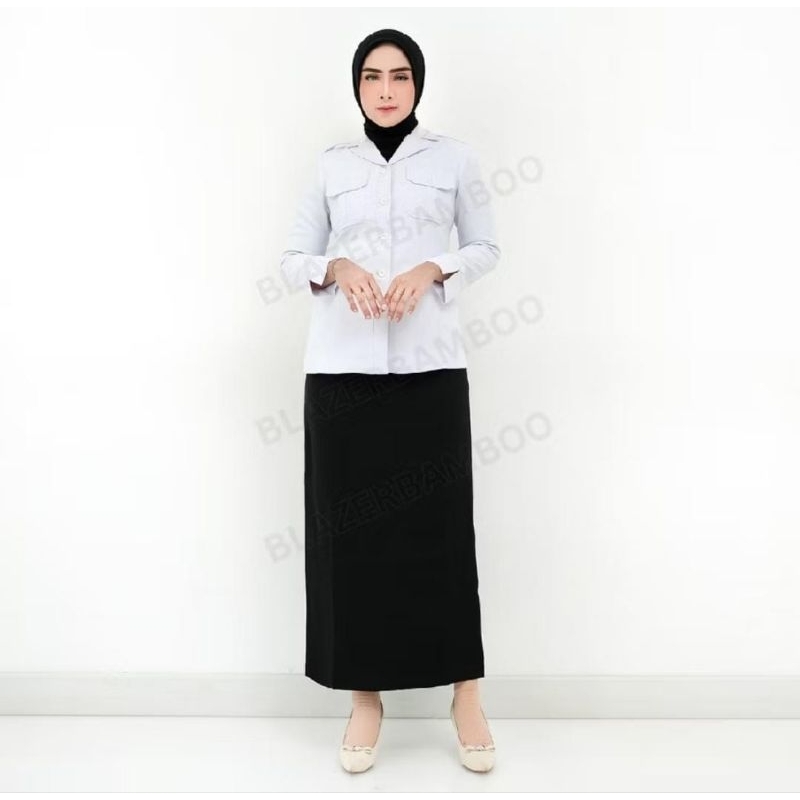 Baju Seragam ASN Wanita Hitam Putih Kantong Dada Set Rok dan Celana Terbaru