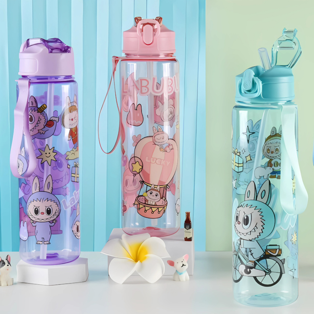 Botol Minum Labubu Viral Lucu Aesthetic Tumbler Anak Sekolah TK SD - Tempat Air Minum Bertali dan Se