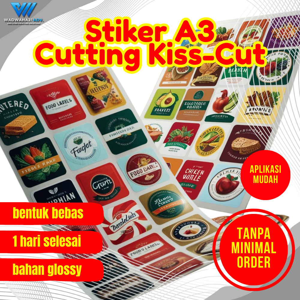 

Cetak stiker A3+ label kemasan makana dan minman | Stiker Logo cutting Kiss cut Wadawahaji