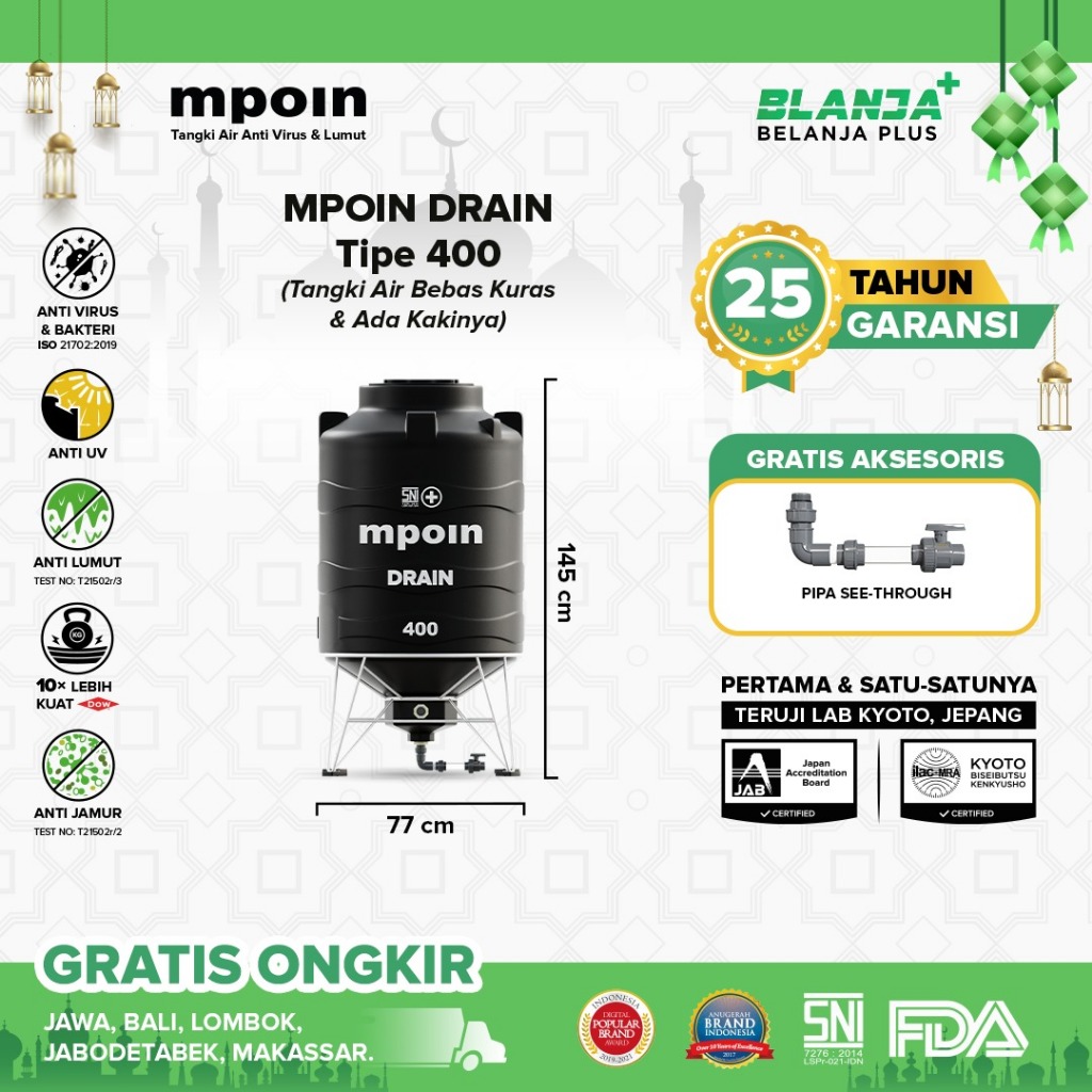 Toren Tangki Tandon Toren Air Mpoin Drain Bebas Kuras 400 Anti Virus Anti Bakteri Anti Lumut Garansi