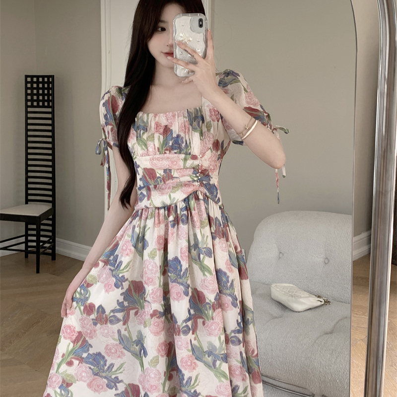 yikoo-Dress korea maxi dress bermotif bunga sifon gaun wanita dres