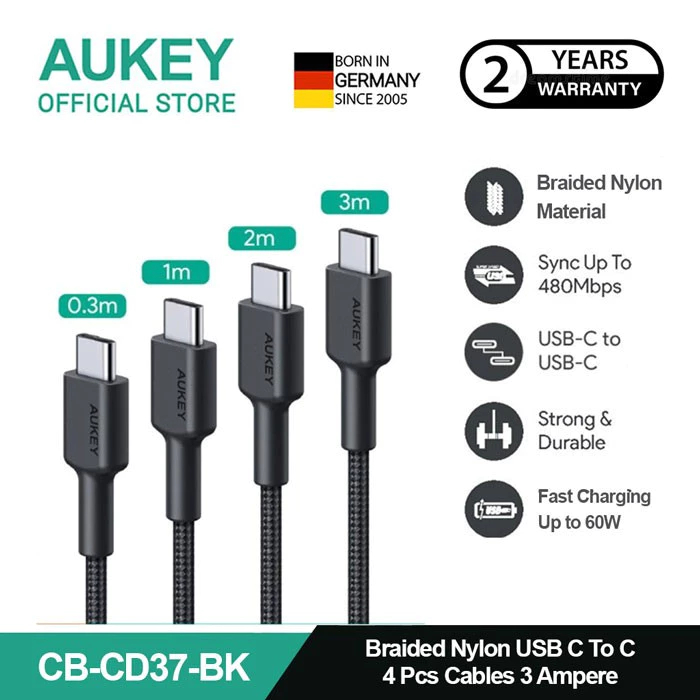 AUKEY Fast Charging Kabel Charger (4pcs) USB-C to Type C Braided Nylon 3A CB-CD37