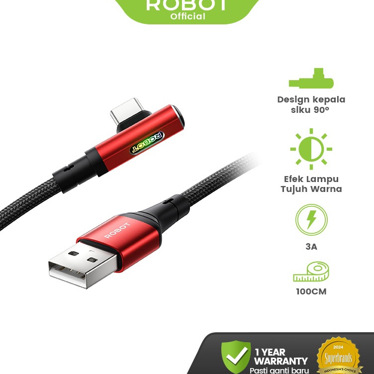 KODE J86K ROBOT Kabel Data Charger Gaming 9 Derajat Fast Charging 3A Type C Lightning Micro USB deng