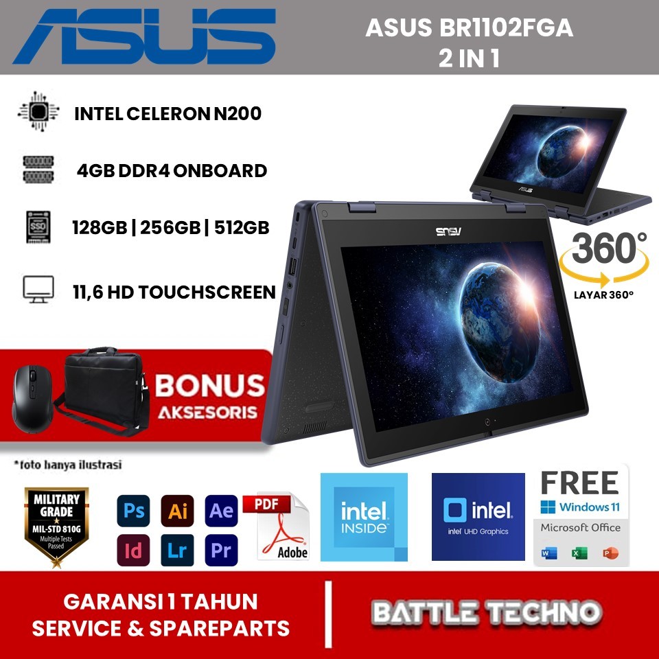 ASUS BR1102FGA Touchscreen N200 RAM 8GB 512GB SSD 11.6 HD Corning Gorilla Glass Military Grade
