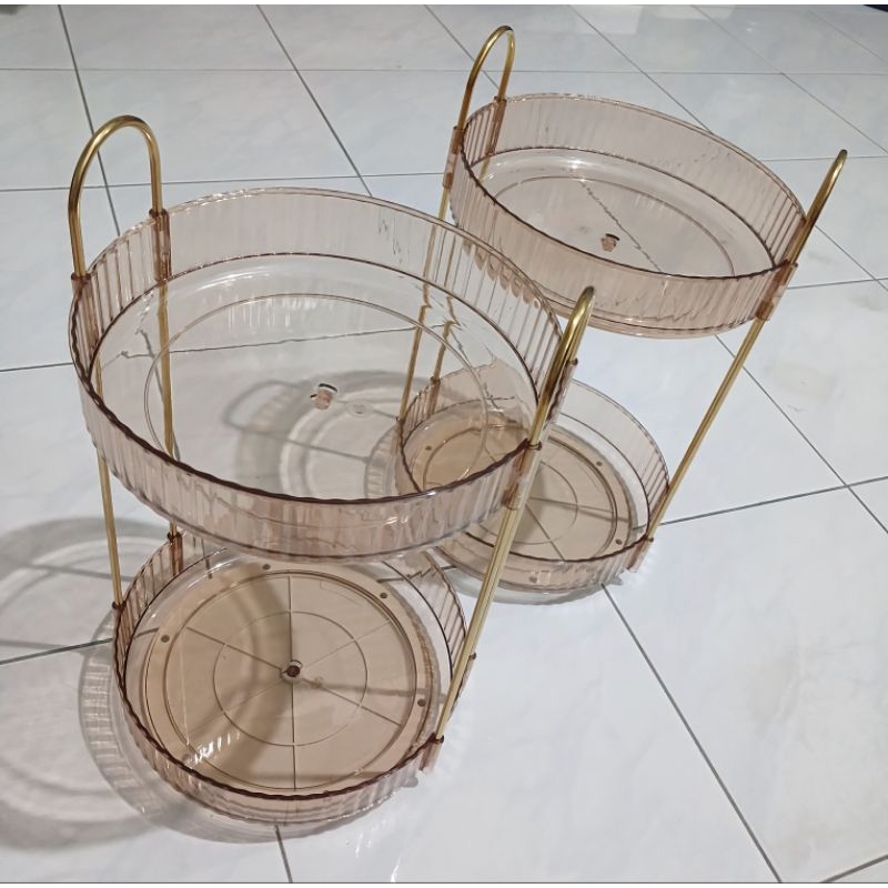 rak putar bulat 2 susun bahan akrilik drnfan tiang besi gold  mewah