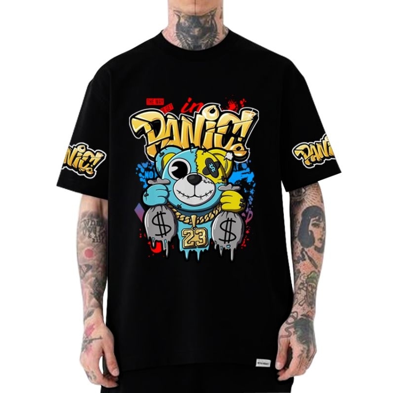 Panic// gambar depan/ Kaos pria / Kaos Hitam pria / kaos hitam gambar lengan / kaos hitam gambar dep