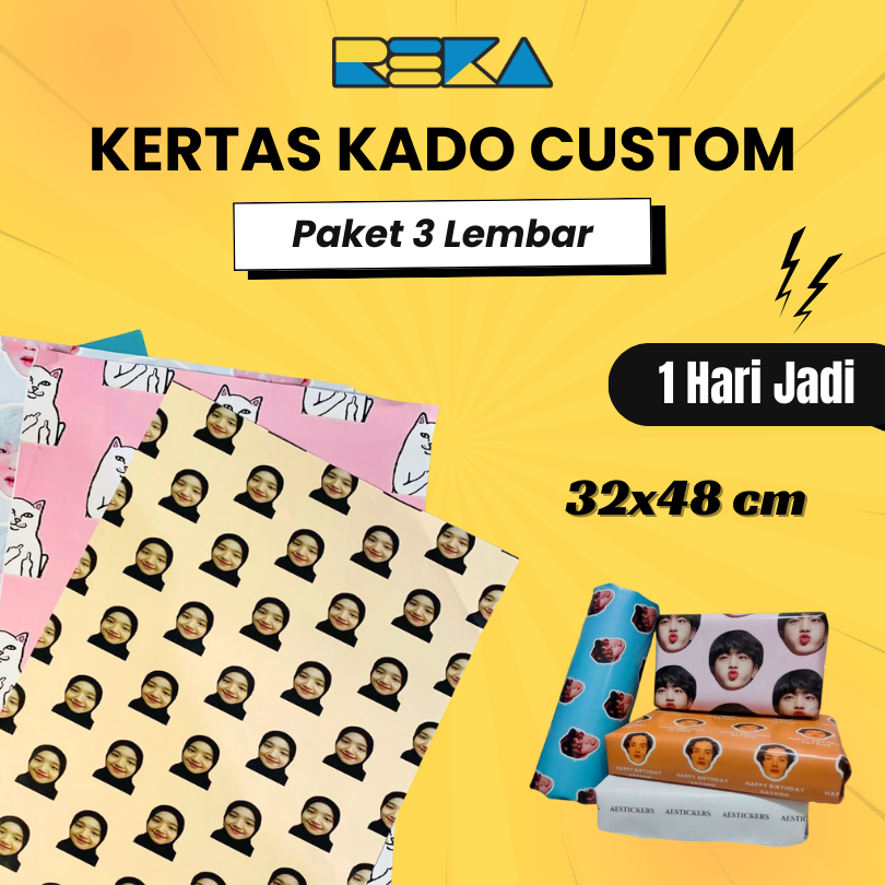 

[PAKET 3 LEMBAR] Kertas Kado Custom Wajah Foto Nama Wrapping Paper Custom Murah
