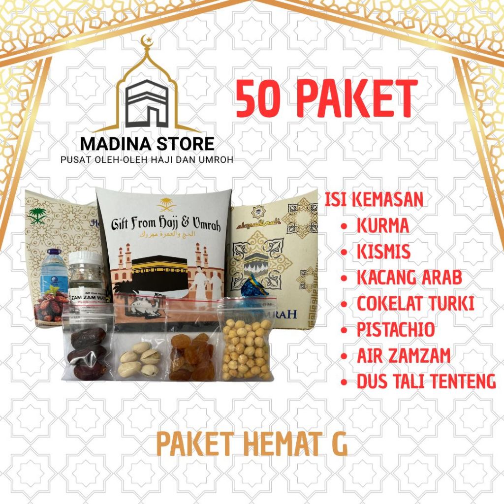 

Paket Hemat 50pcs Oleh-oleh Haji dan Umroh Paket G isi Air Zamzam
