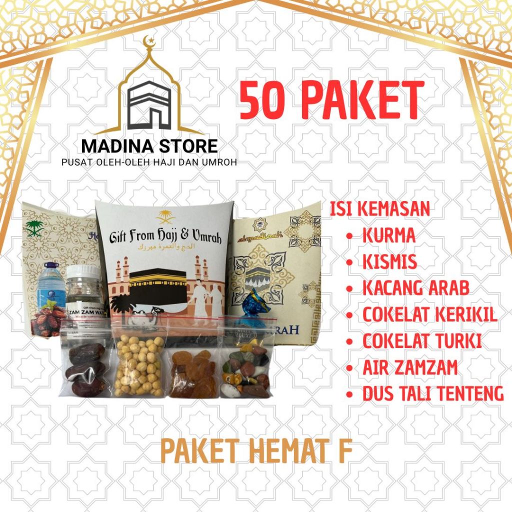 

Paket Hemat 50pcs Oleh-oleh Haji dan Umroh Paket F isi Air Zamzam