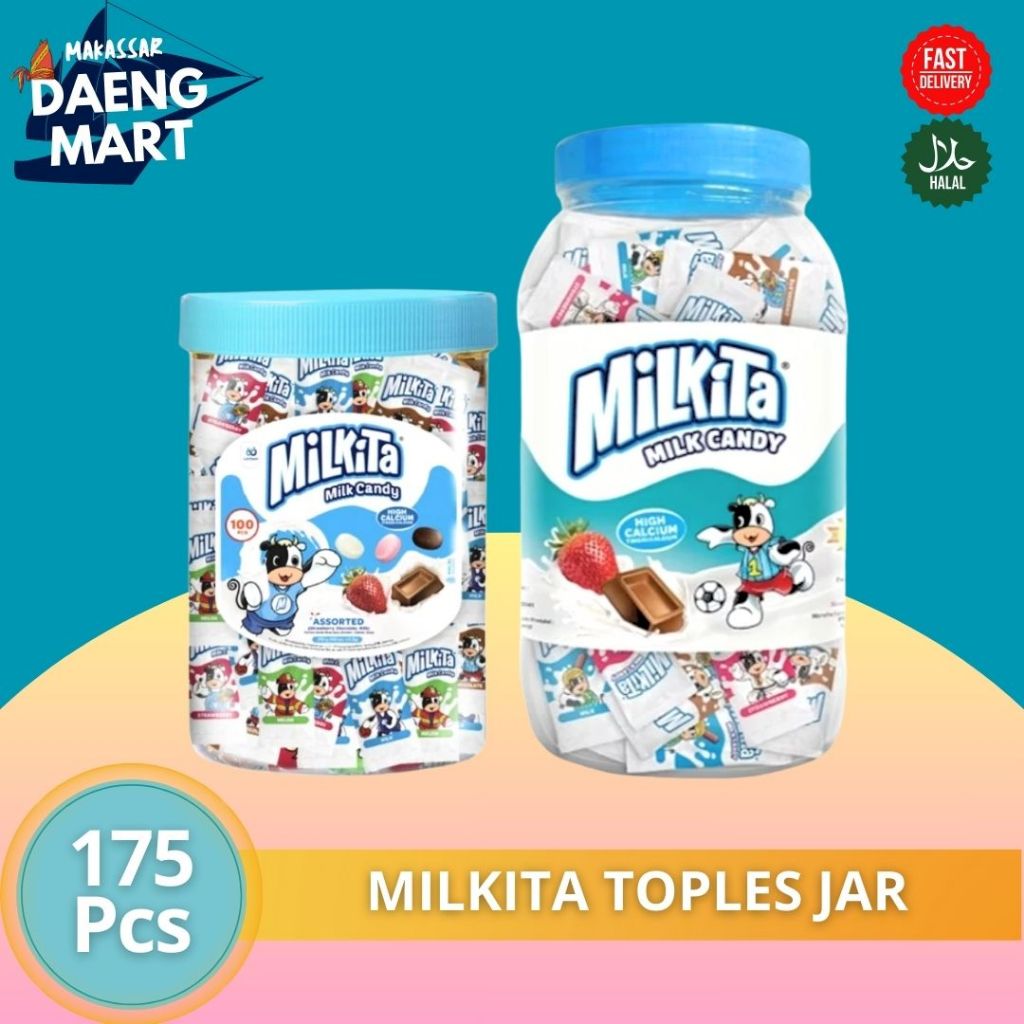 

Permen Makassar Milkita Candy Jar Assorted Festive (1 Toples Isi 175pcs) - Toples Permen Milkita Rasa Susu, Cokelat & Stroberi