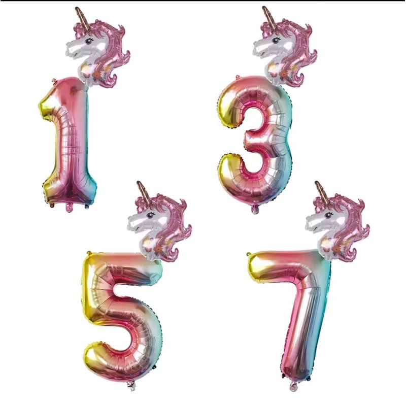 Set paket balon foil angka 80cm 32inch rainbow gradasi warna warni colorful marble unicorn kuda tand
