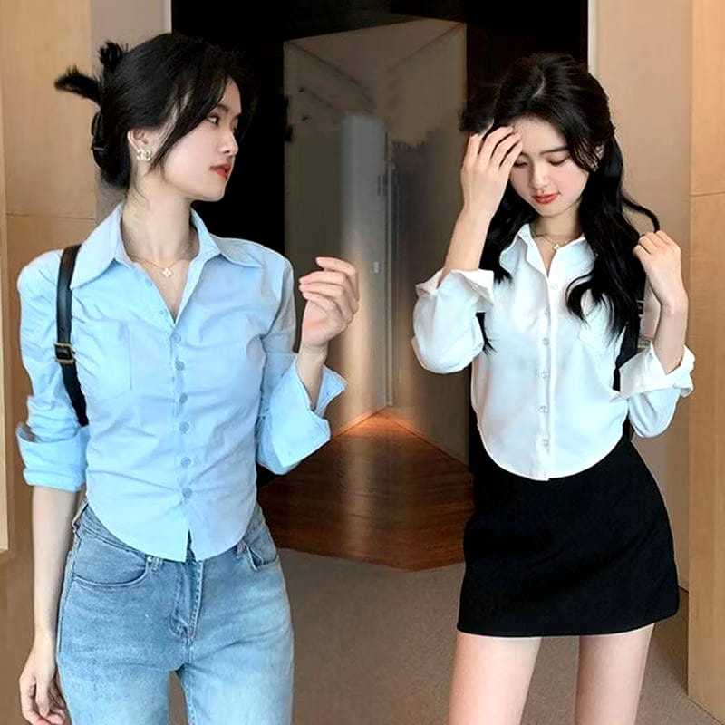 Kemeja Crop Top Korean Style Kemeja Wanita Lengan Panjang / Kemeja Crop Top Lengan Panjang
