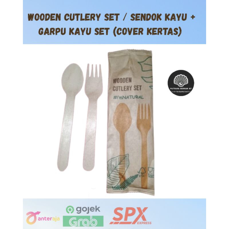Wooden Cutlery Set / Sendok Kayu + Garpu Kayu Set (cover kertas)