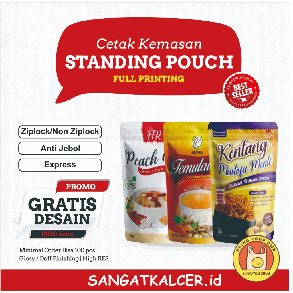 Kemasan Standing Pouch Ziplock Custom | Kemasan Makanan Custom MOQ 1000pcs