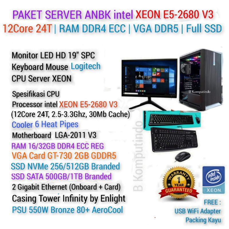 PAKET LENGKAP SERVER E5 24CPU | RAM DDR4 ECC | FULL SSD | SERVER ANBK UNBK PULSA KLINIK
