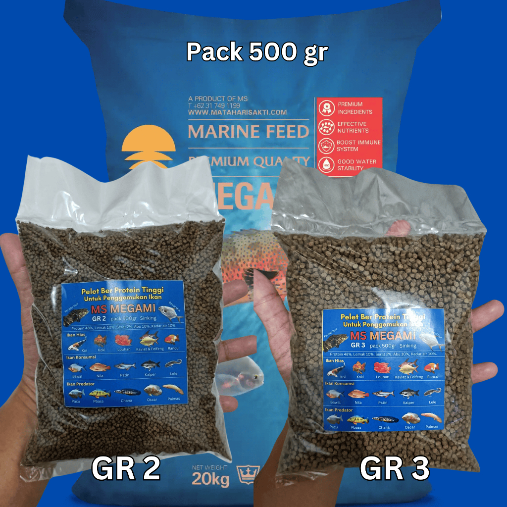 Pelet Ikan Megami Protein Tinggi Pack 500gr Sinking