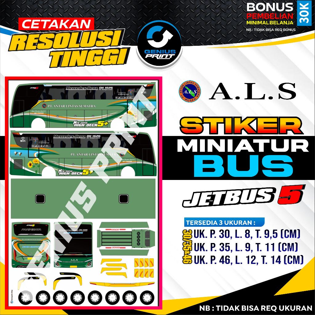 Stiker Mainan Miniatur Bus JETBUS 5 Livery ALS | Sinar Dempo | Luthansa | Bimo | Nila Trans | MPM | 