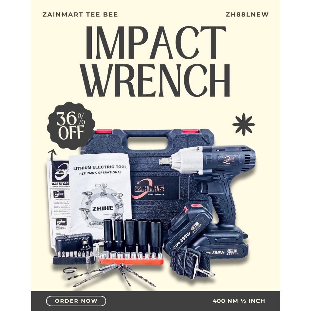 BOR IMPACT WRENCH 1/2 INCH 400NM 2 BATERAI FULLSET ACC  ZHIHE ZH88L NEW SUPPORT BY XAPR