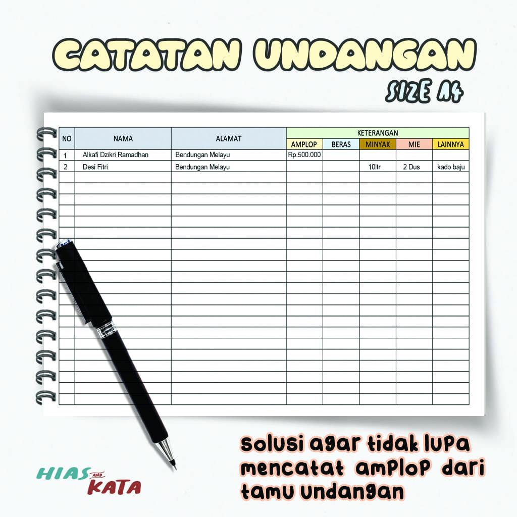 

Buku Catatan Amplop Kado Hadiah Undangan Acara Pernikahan Hajatan Size A4