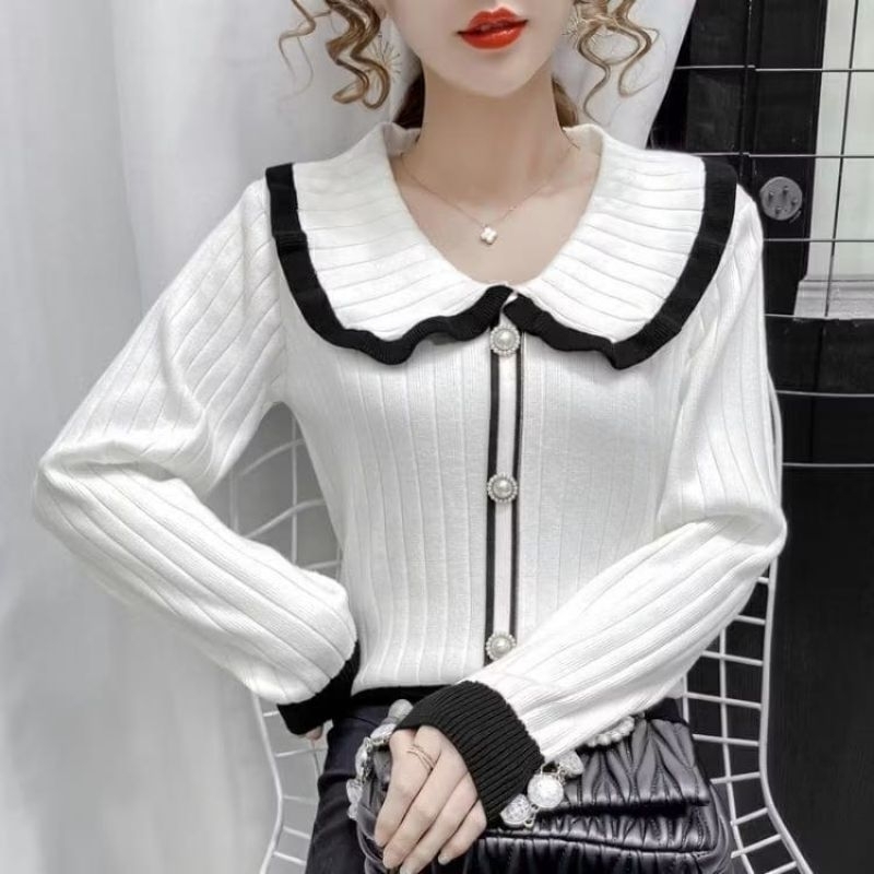 [Kode A] ZulfaFashion Blouse Wanita Kancing Mutiara Lengan Panjang Rajut Import Premium RUP | Baju W