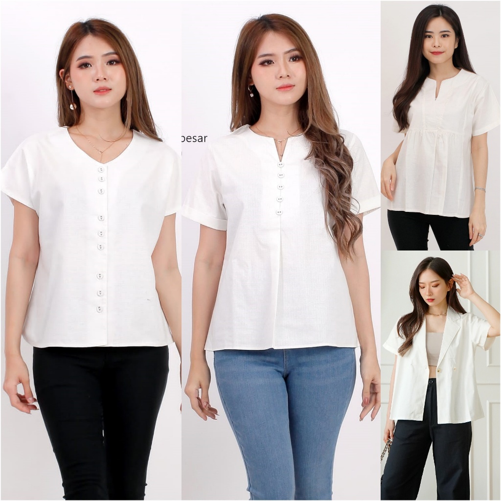 Baju Atasan Putih Wanita Woman Blouse White Top Kemeja Cewek Blus Kantor Kerja Bahan Katun Uniqlo Te
