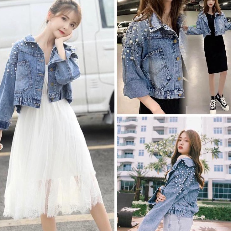 Best  COD  JAKET JEANS CROP KOMBINASI MUTIARA TEMBAK OVERSIZE CROPJAKET JEANS WANITA  JAKET WANITA