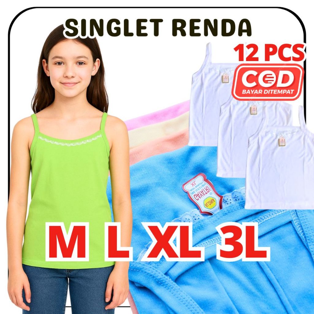 Lusinan 12 PCS Kaos Singlet Renda Wanita Anak Remaja Dewasa Nyaman Melar