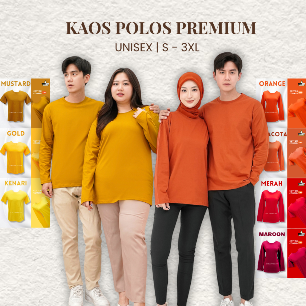 Excellent Design Kaos Polos Premium Lengan Pendek Lengan Panjang Pria Wanita Cotton Combed 24s S M L