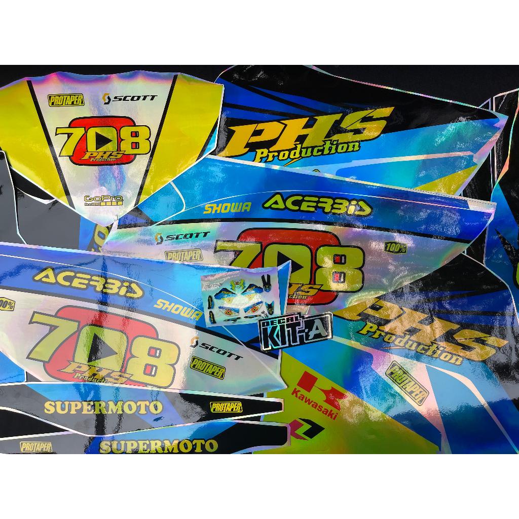 Decal klx 150 old hologram biru kuning stabilo chrome