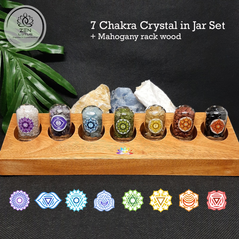 7 Chakra crystal set in jar + rak kayu tebal set 2