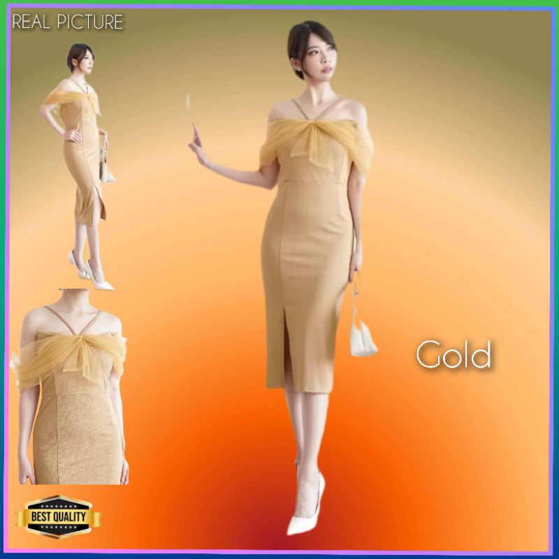 Dress Pesta Wanita Ximoi Baju Gaun Korea Kondangan Elegan Kekinian Gold