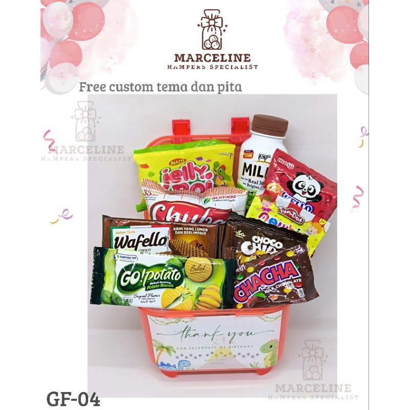 

Hampers ulang tahun murah. Bingkisan snack ulangtahun anak, free design tema Dan pita