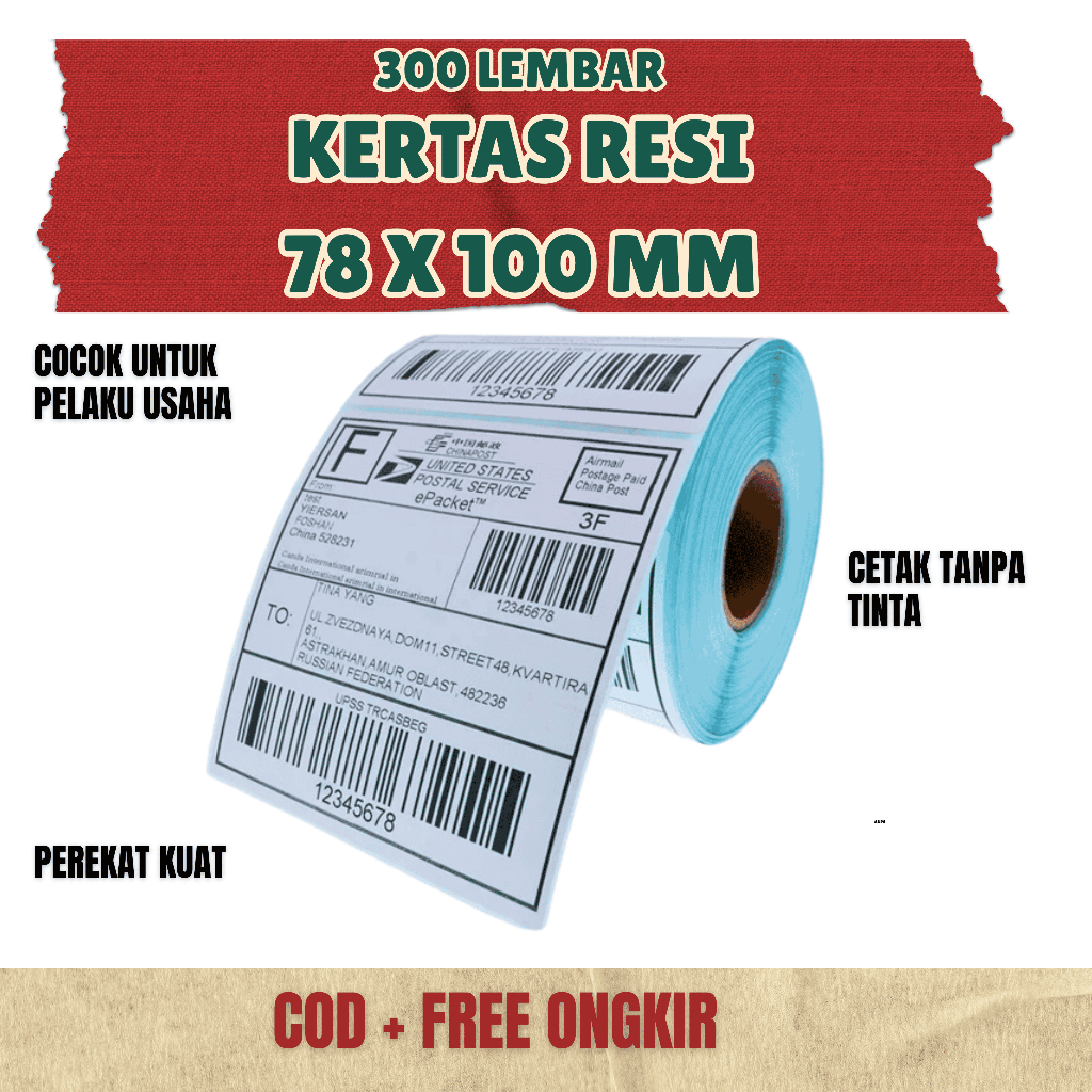 

Label Sticker Thermal 78x100mm 1 Roll Isi 300pcs | Stiker Resi Pengiriman Barcode Tanpa Tinta Direct Thermal untuk Printer Barcode