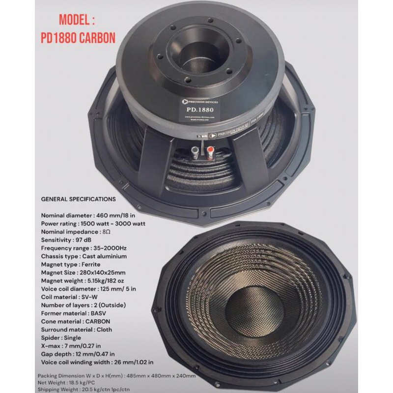Speaker Component pd 1880 pd 1880 daun carbon 18inch vc 5in