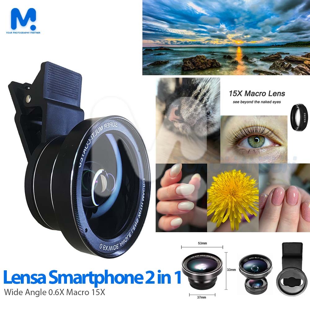 Lensa Smartphone 2 in 1 Wide Angle 0.6X Macro 15X