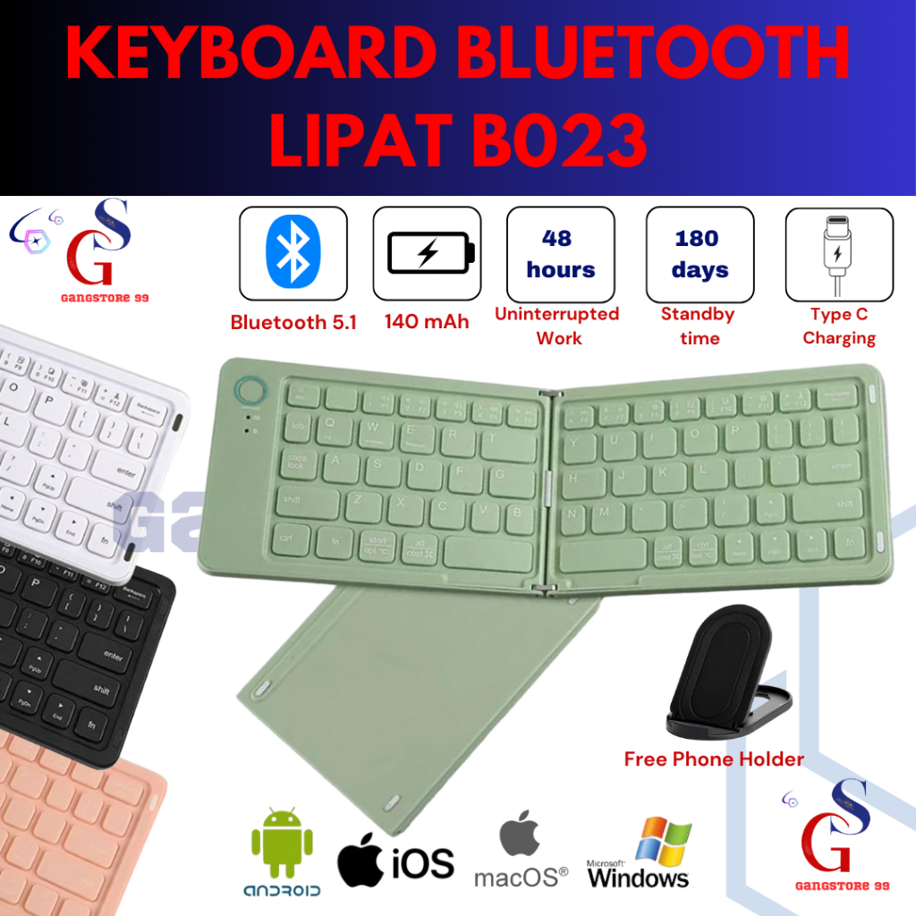 Keyboard Lipat Wireless Bluetooth Mini Portable Foldable Laptop HP Tablet Rechargeable Type C Keyboa