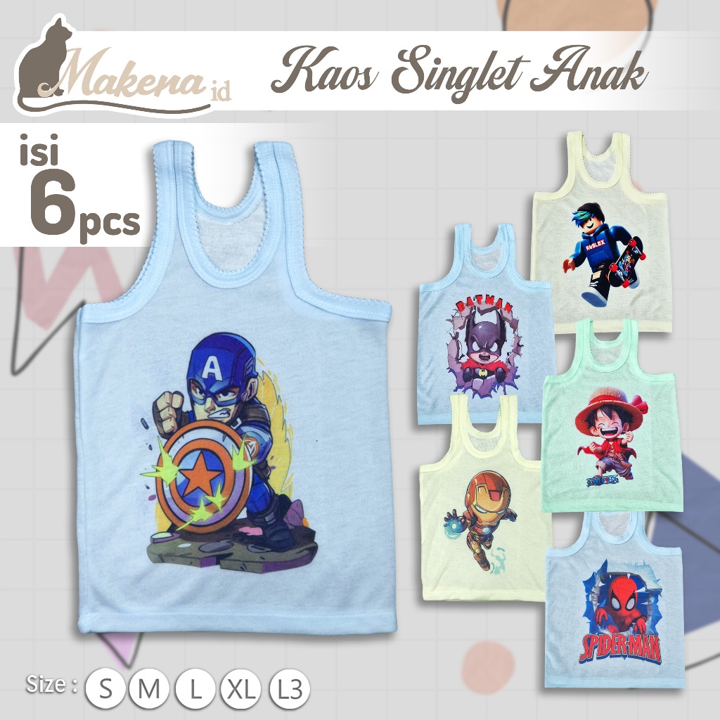 6pcs-Kaos Singlet / Kaos Dalam Warna Karakter Anak Laki Laki