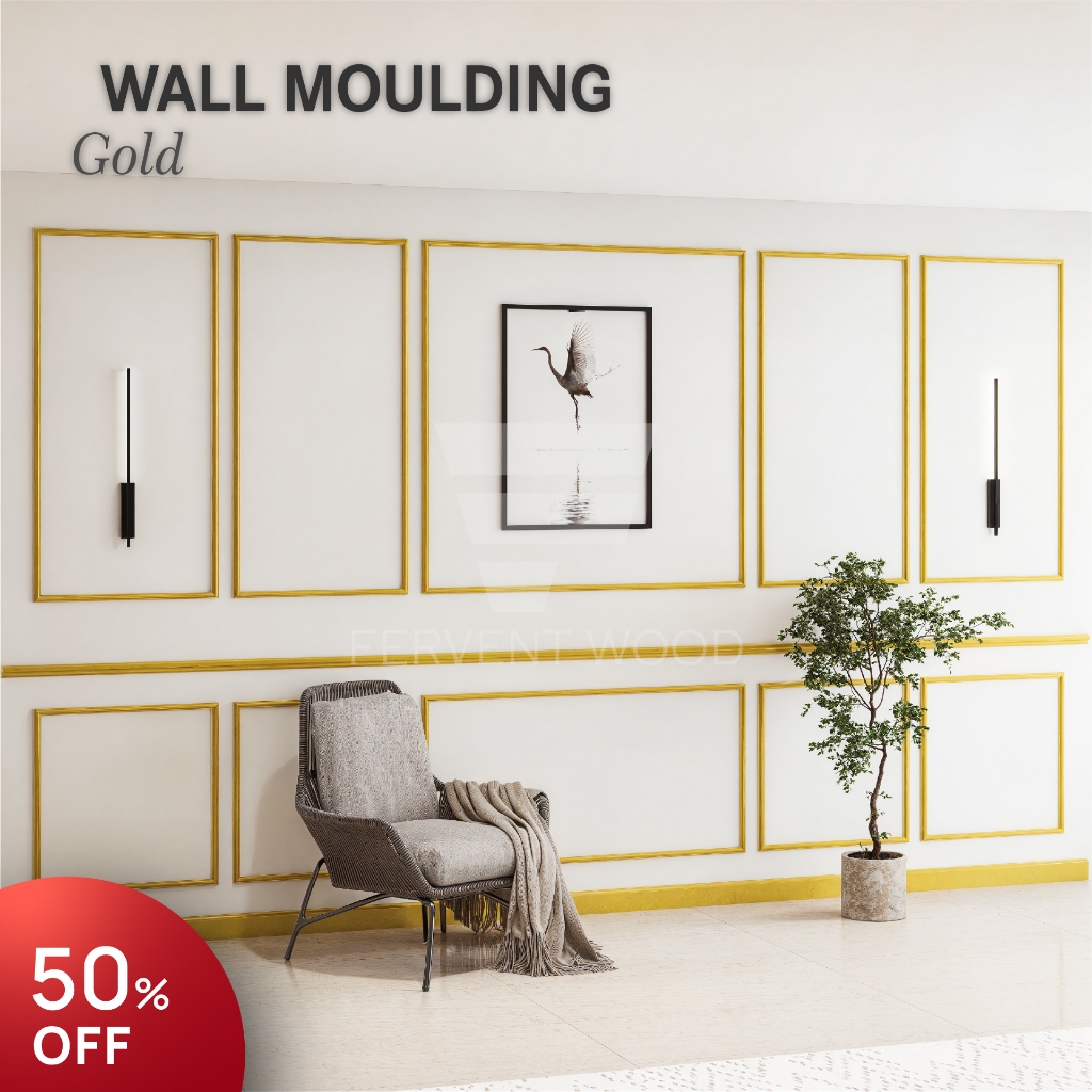 Baru Fervent Wood Lis Kayu Wall Moulding Molding Wainscoting Profil Dinding Wall Panel Gold