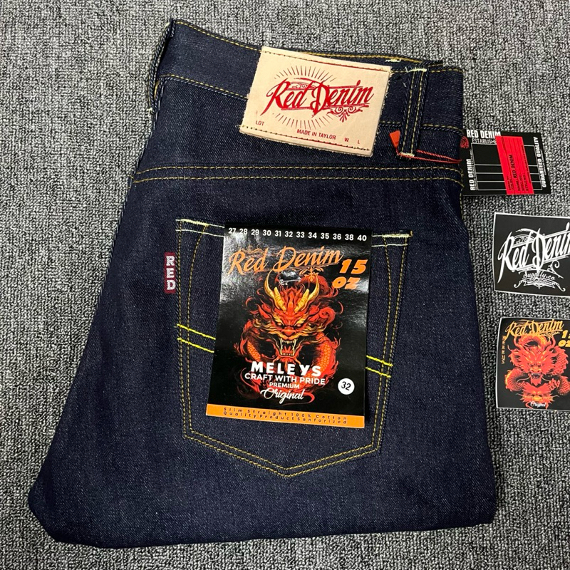 RED DENIM - Denim Sanforized 15Oz RAW DENIM Aceent Selvedge Slim straight Black indigo