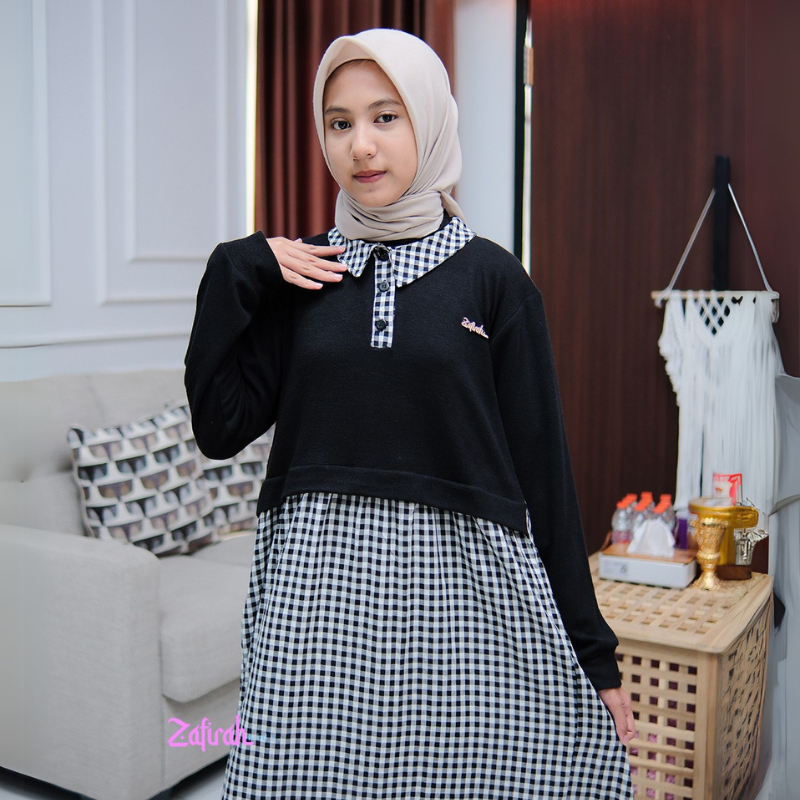 murah gamis anak perempuan raina dress motif kotak baju muslim anak tanggung kekinian zafirah kids