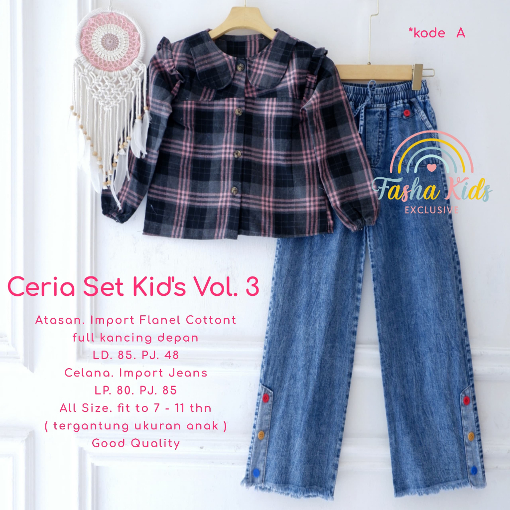 New setelan jeans anak perempuan 7-11 tahun ceria set ori fasha kids